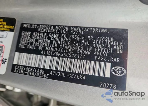 2005 Toyota Camry Le z USA, uszkodzony, nr VIN 4T1BE30K35U526177